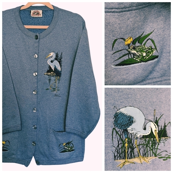 Vintage Sweaters - Vintage Heron/Frog Button Up Cottagecore  Fleecy Sweater Jacket Size M/L